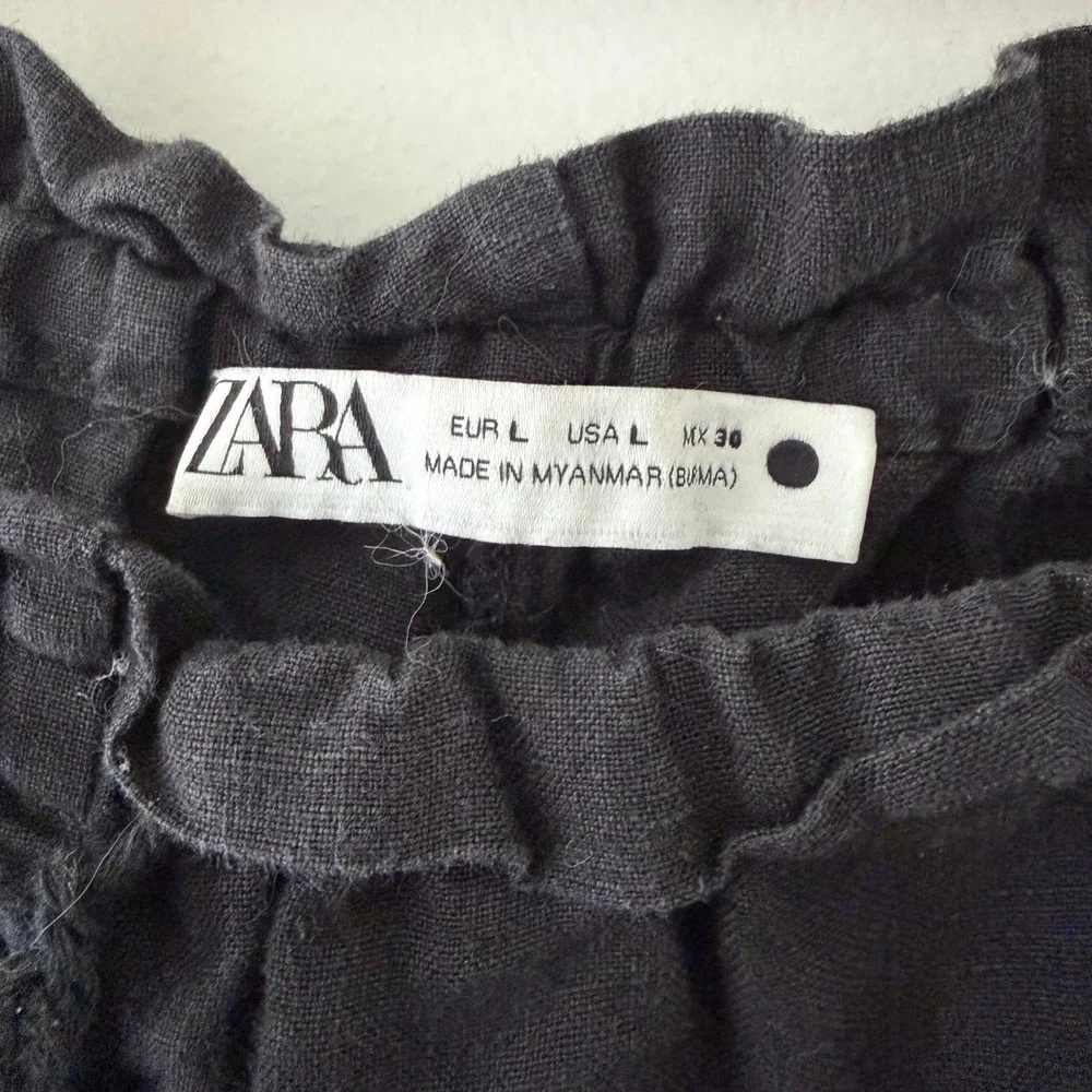 Zara 100% Linen Culotte Pants L Black Paperbag Waist Beaded Tie Boho Resort